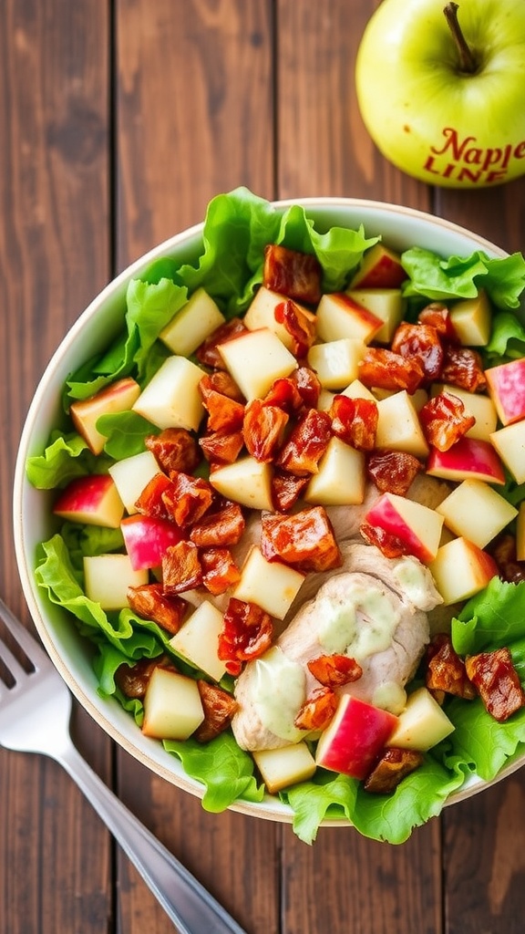Whole30 chicken salad with bacon and apple on a bed of greens, garnished with dressing.
